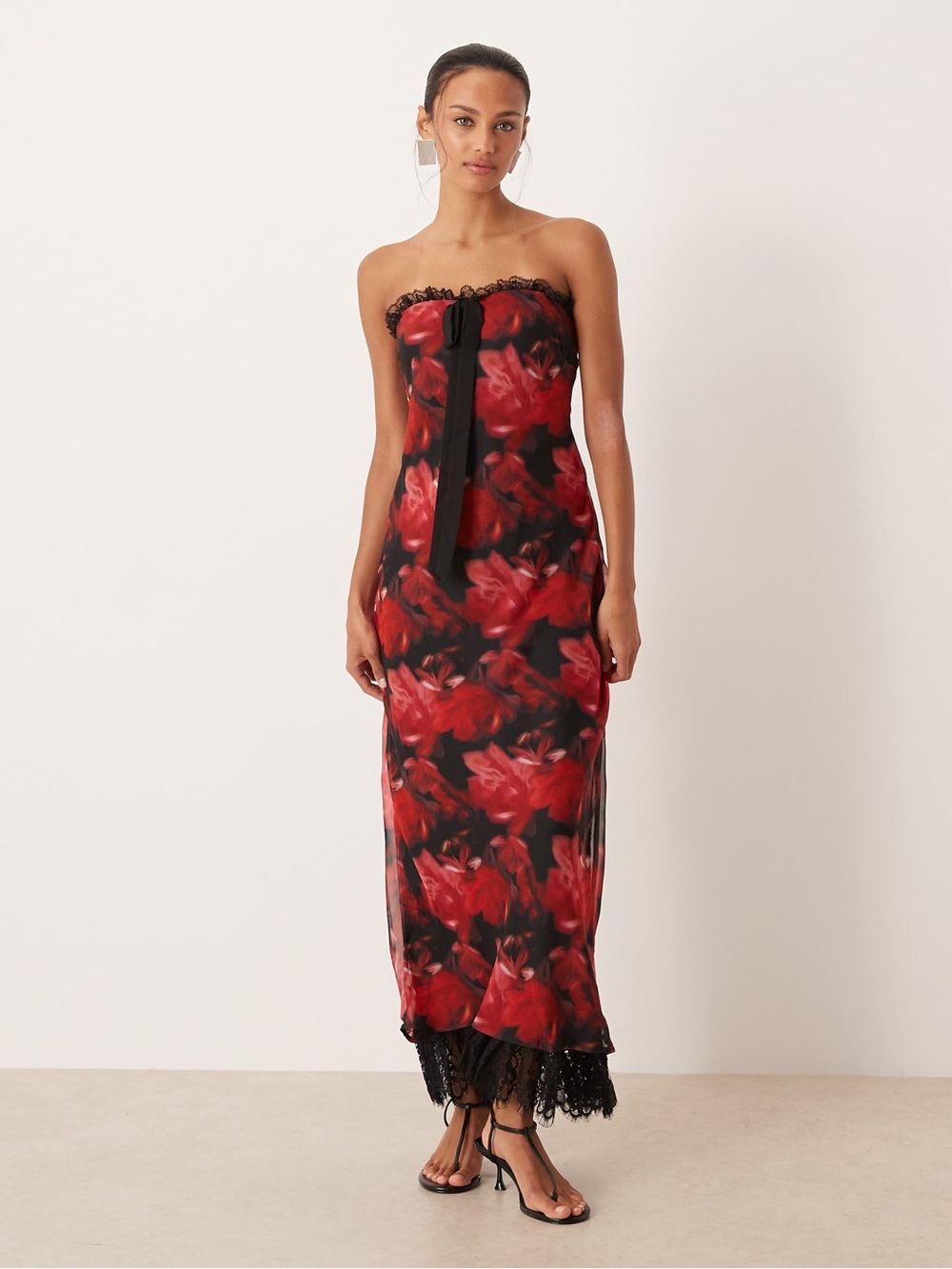 For Love & Lemons Strapless Black Dress with Red Floral Print